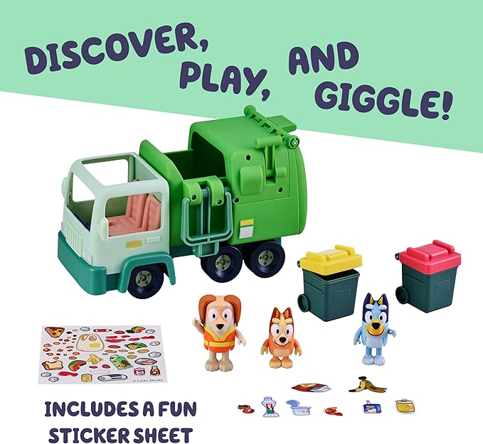 Bluey Garbage Truck Playset, Bingo & Bin Man Figures, Garbage Truck Toys for Boys Age 4-7 w/ Characters, Interactive Lever Action