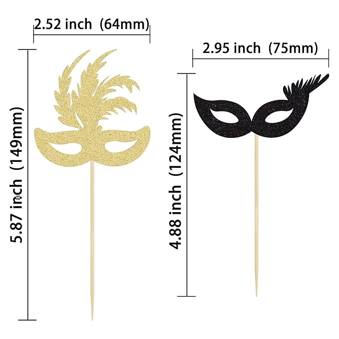 Gyufise 24 Pack Masquerade Masks Cupcake Topper Gold Black Glitter Mask Cake Topper Picks Dessert Cupcake Toppers for Masquerade Mardi Gras Party Baby Shower Birthday Party Decorations