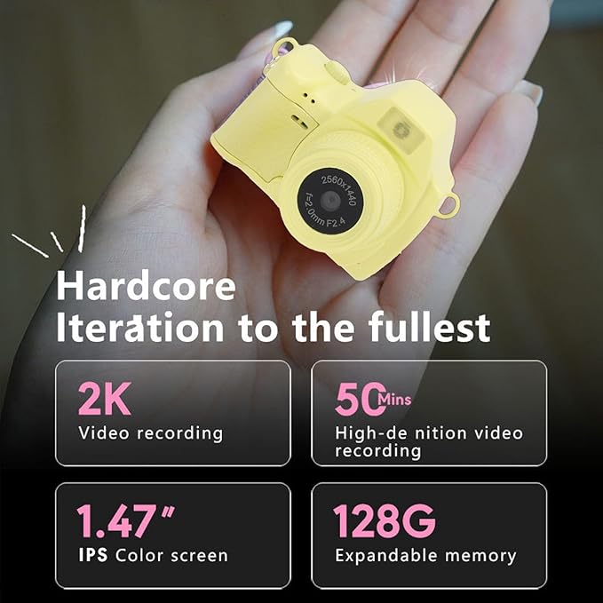 Bewinner 2K Digital Camera, Retro Keychain Camera with 1.47 Inch LCD Display and LED Light for Teens Students Travel (Yellow)