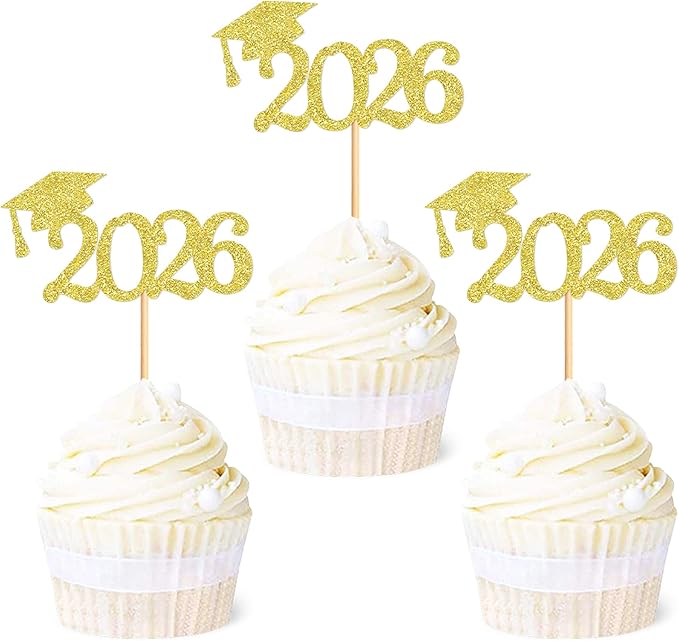 24 Pcs Graduation Cupcake Toppers 2026, Food/Appetizer Picks For Graduation Party Mini Cake Decorations, 2026 Cupcake Toppers(Gold)