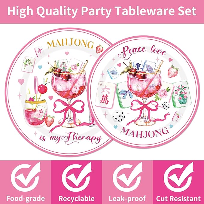 96Pcs Mahjong Party Decorations Tableware Set Mahjong Cocktail Paper Plates Napkins Forks Casual Gatherings Chinese Game Nights Bridal Showers Birthday Theme Party Supplies Serve 24 Guests