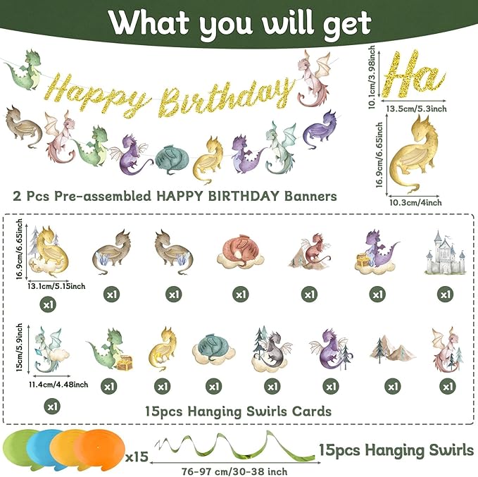 32Pcs Dragon Birthday Party Decorations Watercolor Magic Dragon Banner Hanging Swirl Fantasy Birthday Party Supplies Dinosaur Baby Shower Cutout Banner for Kids Decor