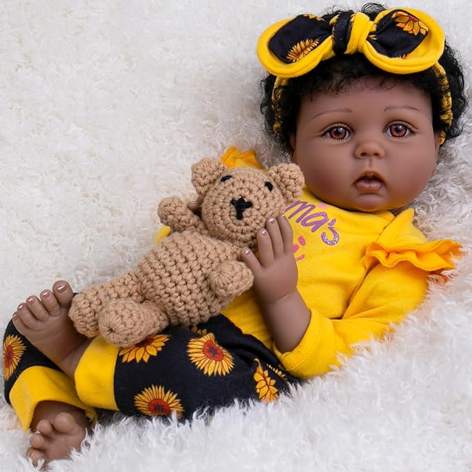 Aori Reborn Baby Dolls Black - 22 Inches Realistic Baby Doll Black American Lifesize Reborn Girls with Hair, Gift Set for Kids 3+, Parents-to-be, Grandparents