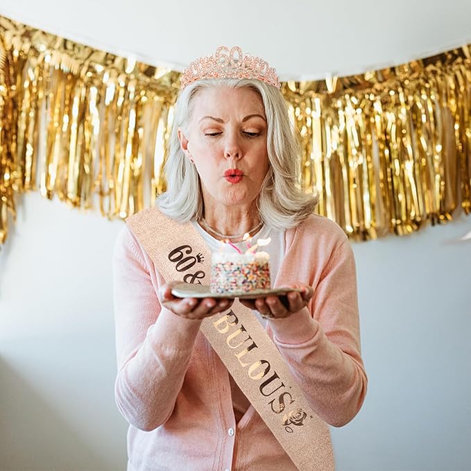 Semato 60th Birthday Decorations for Women- Birthday Crown and Sash Glitter Kit Gifts for Women Party Supplies and Favors (60th)