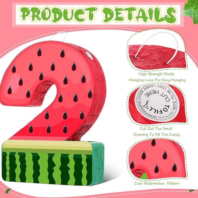 Watermelon Piñata Fruit Number 2 Red Watermelon 2nd Birthday Piñata with Bat Stick Blindfold Mask Confetti for Summer Birthday Party Supplies(2)
