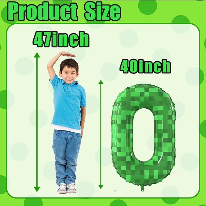 40 Inch Green Pixel Miner Theme Number Balloons Large Birthday Party Number Balloons Mining Gaming for Kids Birthday Party Decoration Supplies (Number 0)
