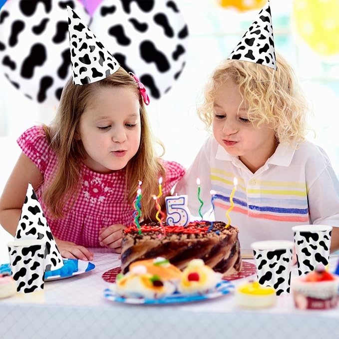 Teling 30 Pieces Birthday Party Hats Car/Cow Themed Paper Cone Hat Birthday Party Supplies Decorations for Kids(Milk Cow)