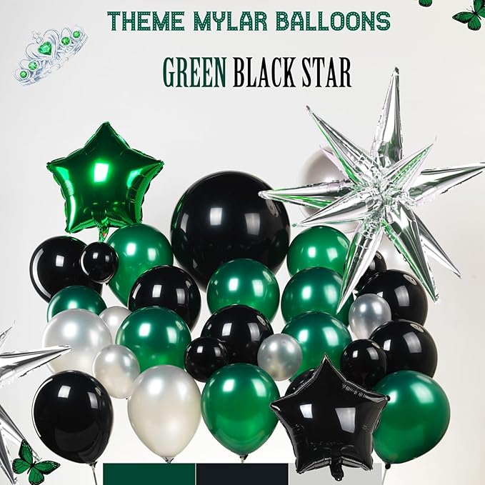 emerald green and silver black balloon garland arch kit 160pcs with star five-pointed star mylar balloon for Birthday anniversary 2026 graduations Prom decorations