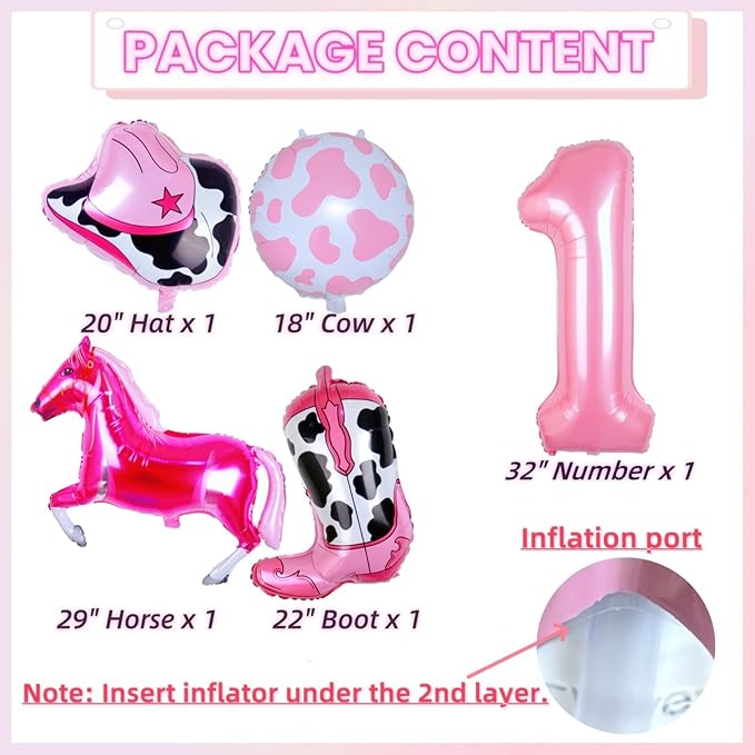 Cowgirl Balloons First Rodeo Birthday Party Decorations for Girls, Pink Horse Hat Boot Cow Balloons Disco Girl 1st Rodeo Birthday Party Decor Supplies Favors (32 Inch Pink 1)