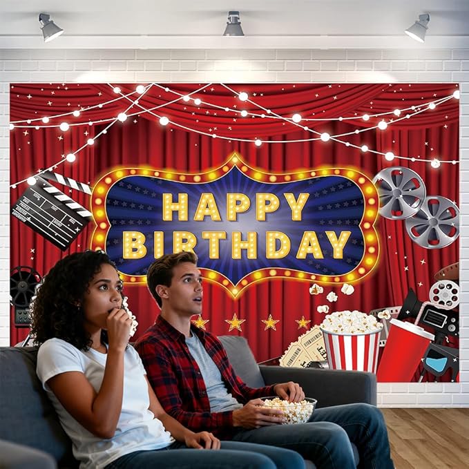 Movie Night Happy Birthday Backdrop Decorations Banner Movie Night Photo Background for Home Indoor Outdoor Birthday Party Decorations Supplies 70.8 x 47.2 Inch