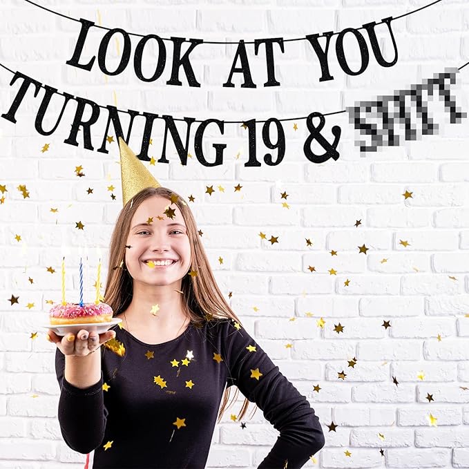 Black Glitter Look at You Turning 19 & Sh*t Banner, Happy 19th Birthday/Level 19 Unlocked/Cheers to 19 Years, Funny 19th Birthday Party Decorations Supplies