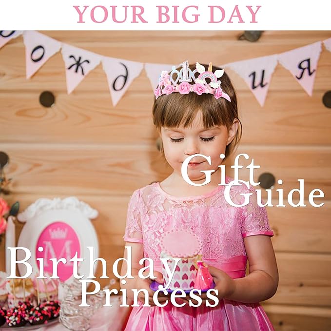 SuPoo First Birthday Decorations for Girl 1st Birthday Crown Headband Pink Hair Band Princess Tiara One Year Old Birthday Party Decorations Outfit Accessory