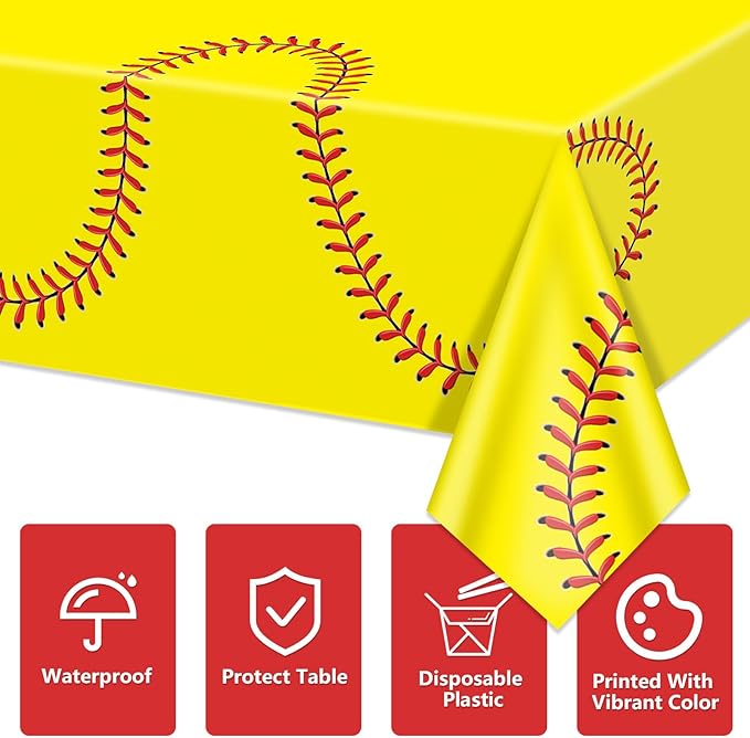 Softball Table Cloth, 4 Pcs 51 x 86 in Disposable Plastic Tablecloths for Softball Party Decorations Sports Party Supplies