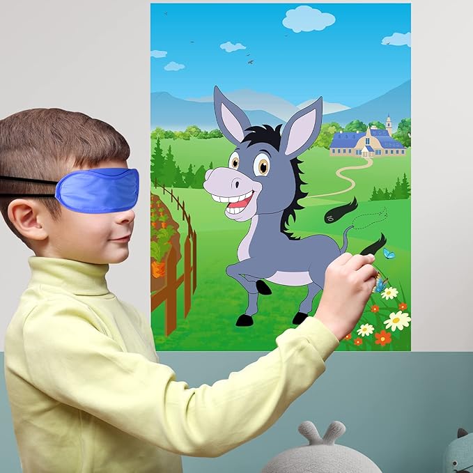Morcheiong Pin The Tail on The Donkey Party Game with 48pcs Tails for Kids Birthday Party Supplies Donkey Party Favors Farm Party Decorations