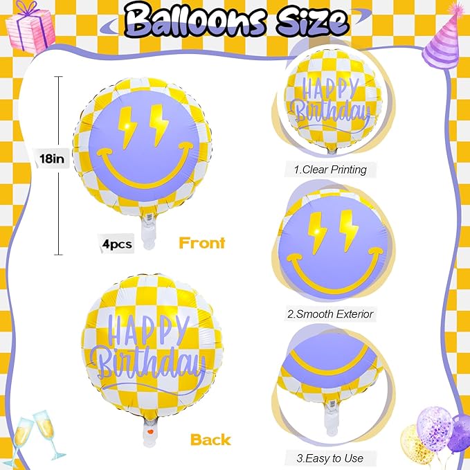18 Inch Smile Face Birthday Foil Balloons, Yellow White Checkered Smile Face with Lightning Eyes Mylar Helium Round Balloon for Teen Boys Girls One Happy Great Dude Birthday Preppy Party Decorations