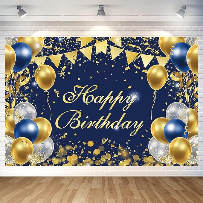 Blue Gold Birthday Party Backdrop Blue Gold Happy Birthday Banner Photography Background for Home Decorations Party Supplies 70.8 x 47.2 Inch