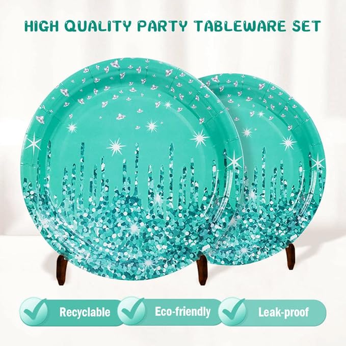Teal and Silver Tableware Set for Happy Birthday Table Decorations Breakfast Blue Birthday Theme Dessert Plates Napkins Forks Silver Glitter Party Supplies for 25 Guest