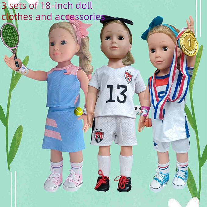 18 inch American Doll Clothing Accessories, USA Team Girls Soccer, Basketball, Tennis Clothing, Competition Training Doll Clothes kit, Dolls are not Included (Football, Basketball, Tennis)