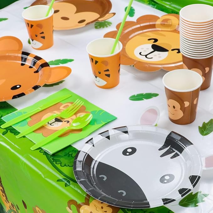 162Pcs Jungle Party Supplies- Include Animal Shape Plates, Jungle Tablecloth, Safari Flag, Napkins, Cups, Cutlery, Safari Theme Party Supplies for Kids Birthday Baby Shower Wild One, Serves 20 Guests