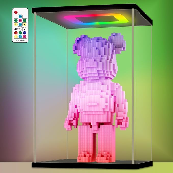 NONEMEY Clear Acrylic Display Case with RGB LED Light for Bearbrick, Dustproof Model Showcase Organizer Box, Display Case for Collectibles Bearbrick (9.8×7.9×15.7inch,25×20×40cm)