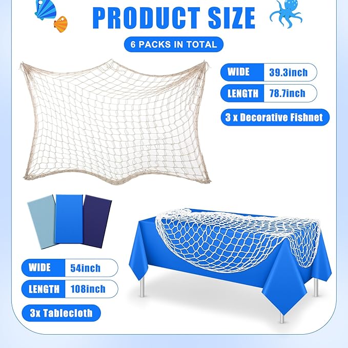 Unittype 6 Pcs Fish Net Decorative and Tablecloth Set, Cotton Fishnet and Plastic Table Cover Decorations Set for Nautical Themed Party Baby Shower Pirate Decorations Mermaid Party (Classic Color)