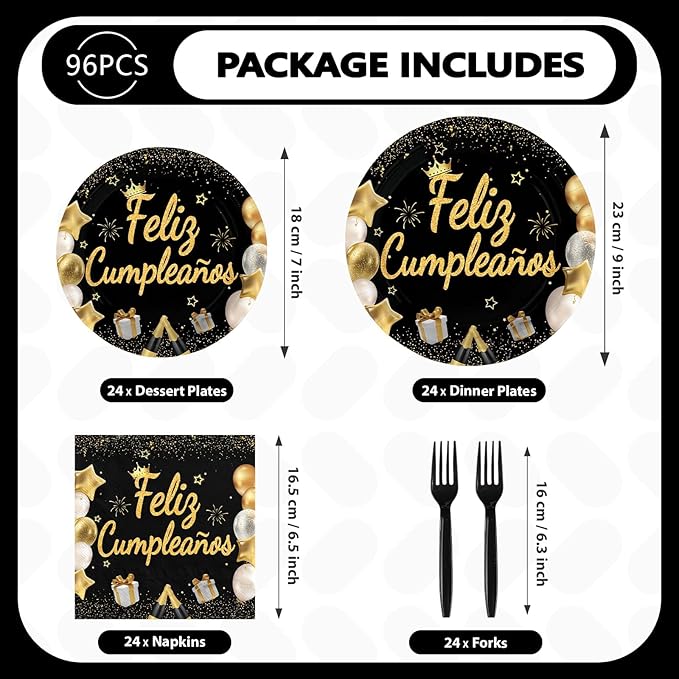 96Pcs Feliz Cumpleaños Decoration Black and Gold Plates and Napkins Mexican Fiesta Happy Birthday Tableware Set for Men Women Spanish Black and Gold Birthday Party Supplies, Serves 24