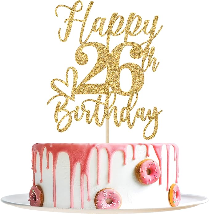 Gold Glitter Happy Birthday Cake Topper, Funny 26th Birthday Party Supplies