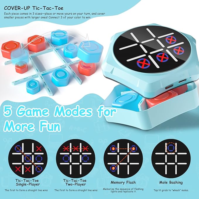 Electronic Tic Tac Toe Game, 5-in-1 Electric Tic Tac Toe with Mute & Rechargeable - Handheld Travel Board Game for Kids Ages 4+, Adults, Family - Educational Learning Toy for Boys Girls