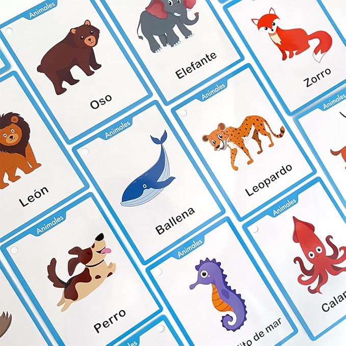 Animales Spanish Animals Vocabulary Flash Cards, Language Learning Classroom Supplies, Words Cognitive Cards for Preschool Kindergarten, Homeschool Teaching Aids