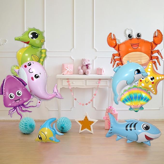 9 Pcs Sea Animal Balloons, Under The Sea Decorations, Creature Shark Dolphin Whale Fish Crayfish Octopus Ocean Foil Balloons, Under The for Ocean Theme Party Decorations