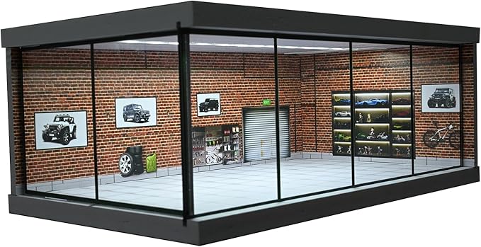 1/64 Diorama Garage Model, LED Lighting City Showroom, 1/64 Scale Diecast Car Parking Lot Storage, Scene Display Case Collection Gift (Red Brick)