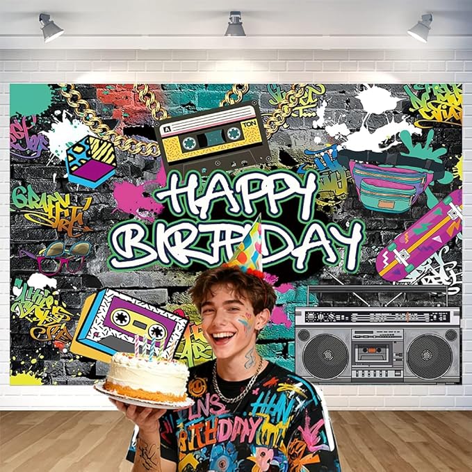 Graffiti Happy Birthday Backdrop Decorations Graffiti Art Banner Hip Hop Photo Background for Home Indoor Outdoor Birthday Party Decorations Supplies 70.8 x 47.2 Inch