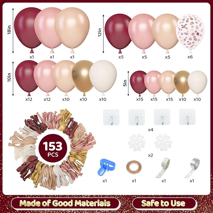 Amandir 153pcs Burgundy Balloons Arch Garland Kit, Different Sizes 18 12 10 5 Inch Pearl Champagne Rose Gold Confetti White Sand Maroon Balloon for Wedding Birthday Bridal Valentines Party Decorations