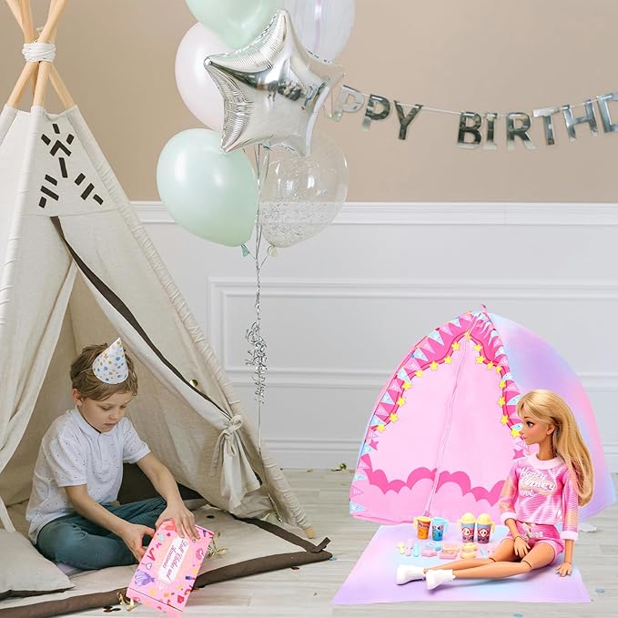 Miunana 35PCS Doll Camping Playset for 11.5" Girl Dolls - STEM Tent with Backpack, BBQ Grill & Stargazing Tools Pretend Play Outdoor Adventure Toy