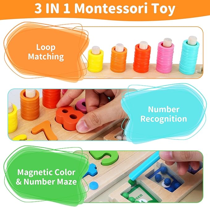 3 in 1 Montessori Toys for 3+ Year Old, Education Toys for Preschool Learning Activities, Wooden Magnetic Color and Number Maze, Sorting Counting Color Matching Toddler Puzzle