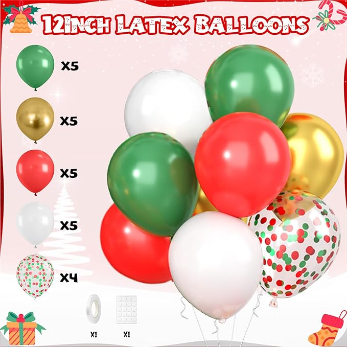Red Green Christmas Decorations,Merry Christmas Decor Banner Paper Pompoms Fringe Curtain Backdrop Xmas Foil Balloons Latex Balloon for Indoor Outdoor Decorations