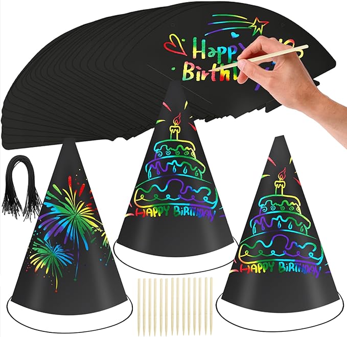 72 PCS Rainbow Scratch Party Hats Bulk Colorful DIY Birthday Cone Hats for Kids and Adults, Fun Birthday Decoration Supplies for Parties and Celebrations