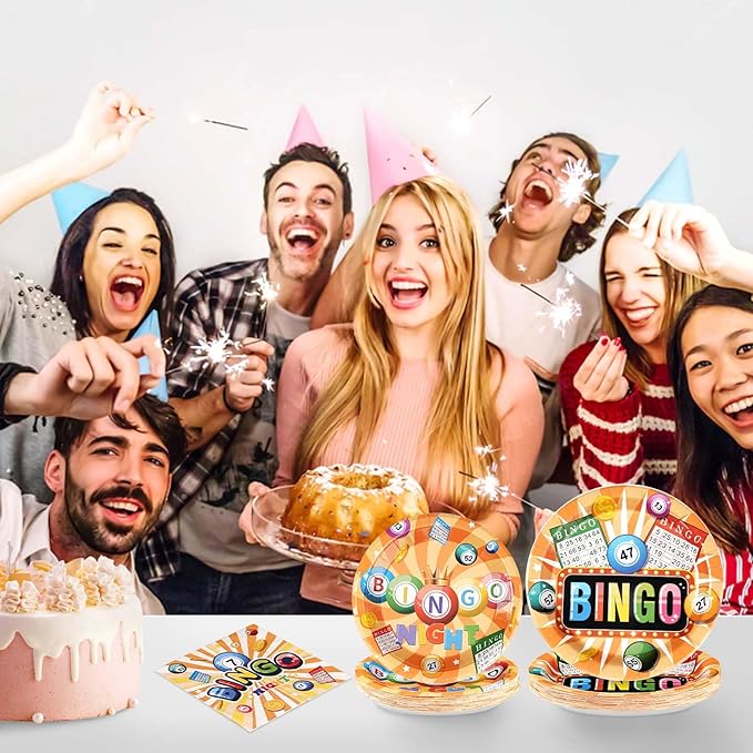 96Pcs Bingo Party Supplies Colorful Bingo Night Plates and Napkins Disposable Tableware Sets Bin-go Theme Birthday Decorations Favors for Adults Boys Girls Family Game Night Decorations Serves 24
