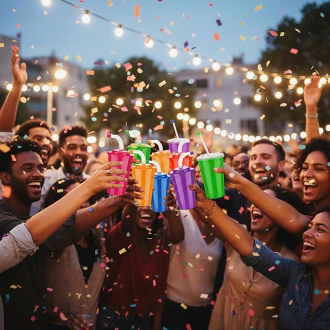 Zubebe 18 Pcs Neon Straws Cups 12 oz Colorful Neon Cups with Sipper and Lids Plastic Favor Reusable Straw for Birthday Party Events Supplies, 6 Colors