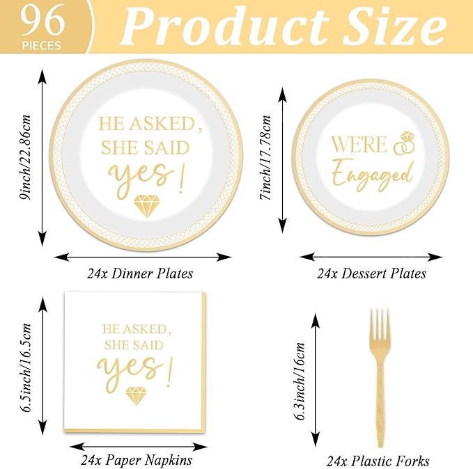 96Pcs Happy Engagement Party Supplies Engagement Paper Plates Napkins She Said Yes Party Tableware Set She Said Yes Disposable Dinnerware for Wedding Birthday Party Bridal Shower Decoration Serve 24