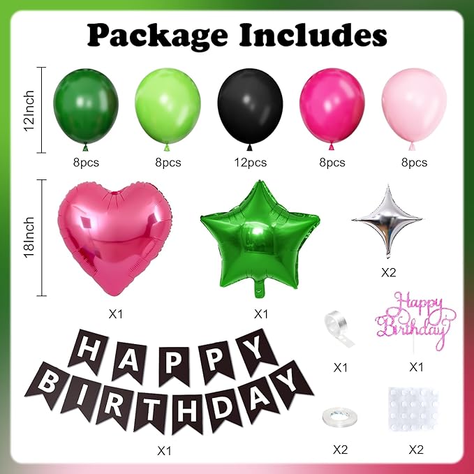 Black Green Pink Birthday Decorations,Hot Pink Green Party Balloons Banner Star Heart Foil Balloon Girls Boys Baby Shower Supplies