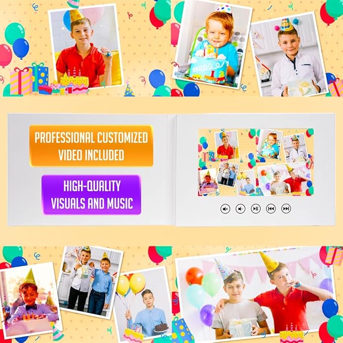 Personalized Video Greeting Card for Boy’s Birthday – Add Photos for Slideshow – 7” Digital Screen, Rechargeable Battery, 8GB Storage, Kids Keepsake Gift
