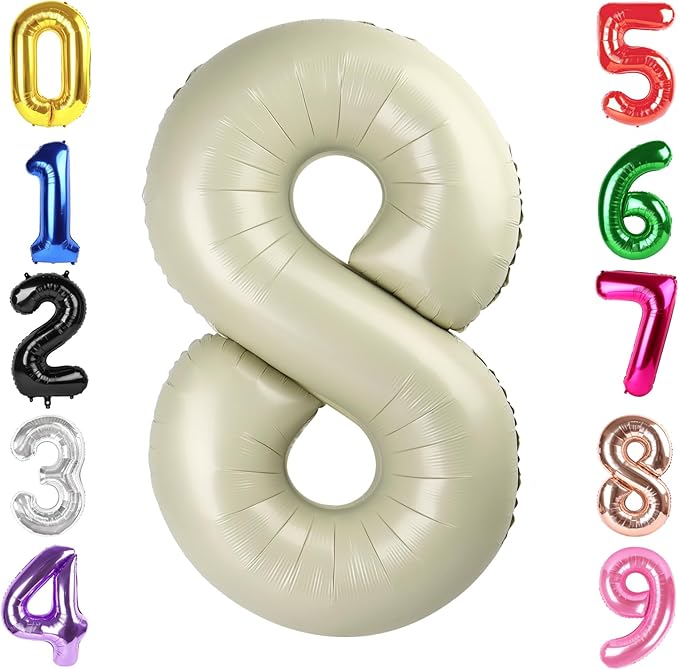 40 Inch Cream Number 8 Balloon, Giant 8 Number Balloons for 8th Birthday Decorations, Party Supplies for Baby Boy Girl, Cream Party Decor