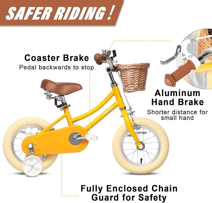Petimini Vintage Kids Bike for Girls, 12–20 Inch Classic Bicycle with Wicker Basket & Bell, High Tensile Steel Frame, Training Wheels (12–18”), 85% Pre-Assembled, Retro Bike for Outdoor Riding