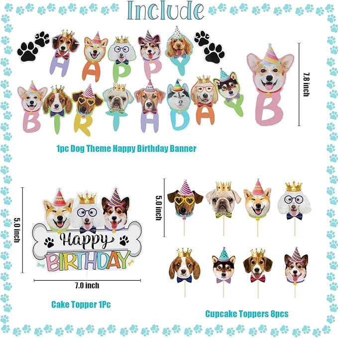 Lets Pawty Dog Birthday Party Decorations Boy Girl, Pawty Puppy Themed Happy Birthday Banner, Dog & Paw Print Balloons, Cake Toppers (Blue)