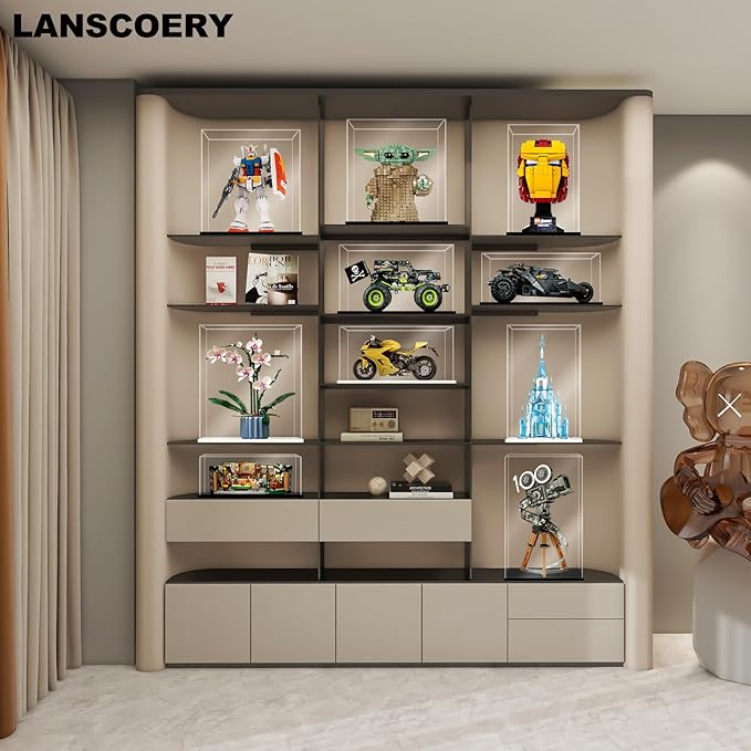 LANSCOERY Acrylic Display Case, Assemble Showcase Display Box for Collectibles, with Dustproof & Seamless Display Design, 10x6x14inch White Base