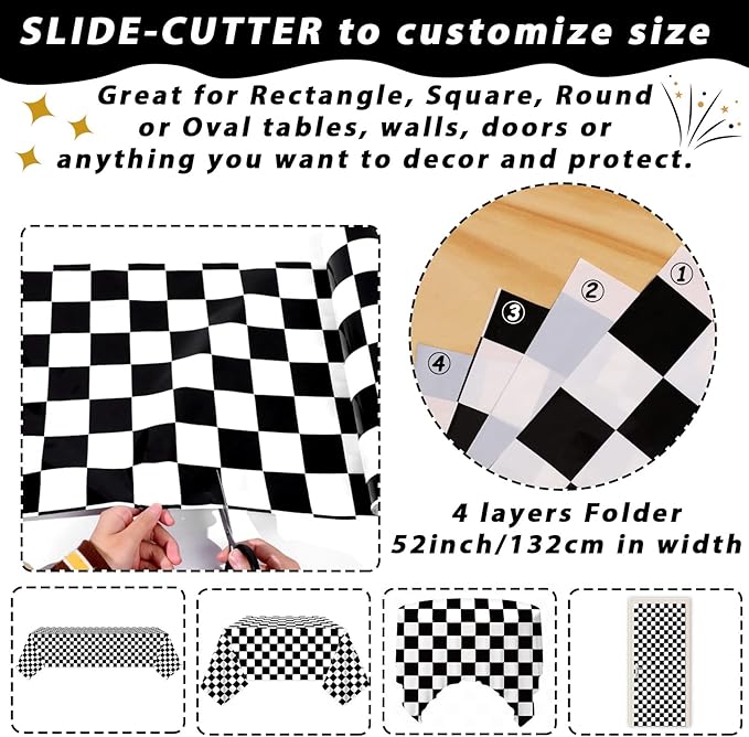 Black and White Checkered Tablecloth Roll 52 in x 100 Ft Black Checkered Party Supplies Race Car Party Tablecloth for Indoor Outdoor Family Banquet Picnic Camping Parties Celebrations (Plastic