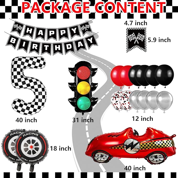 Race Car Birthday Party Decorations, with 40 Inch Number 5 Balloon, Happy Birthday Banner, Traffic Light and Foil Tire Balloon for 5th Car Themed Birthday Party Supplies