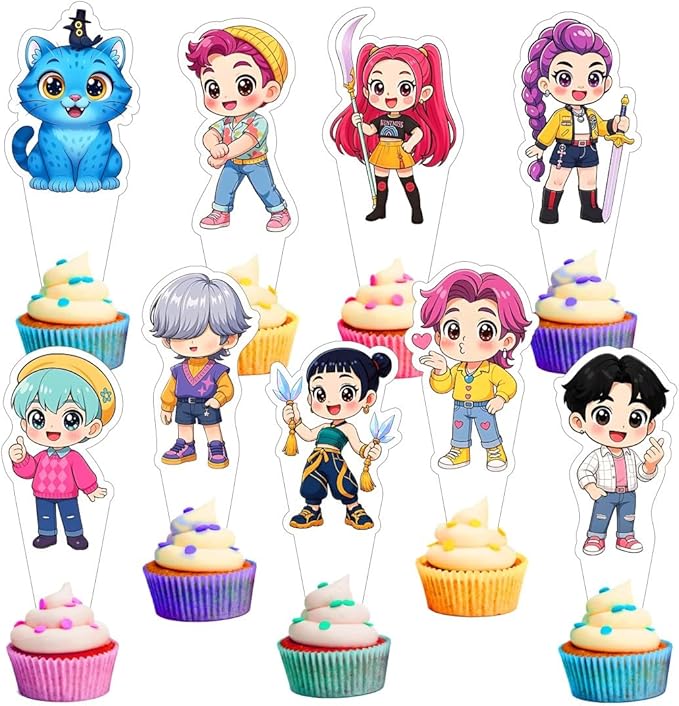 27pcs Demon Hunters Cake Decorations with 30pcs Cupcake Toppers Party Supplies for Kpop Themed Birthday Decorations