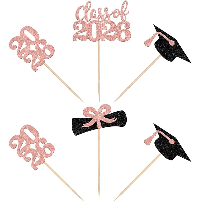 36 PCS 2026 Graduation Theme Cupcake Toppers Glitter Class of 2026 Grad Cap Diploma Cupcake Picks 2026 Graduation Theme Party Cake Decorations Supplies Rose Gold